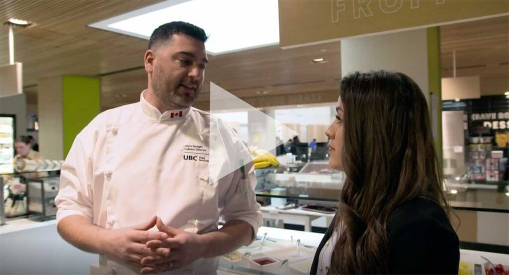 Video still of UBC Dietitian Melissa Baker speaking with UBC Chef David Speight