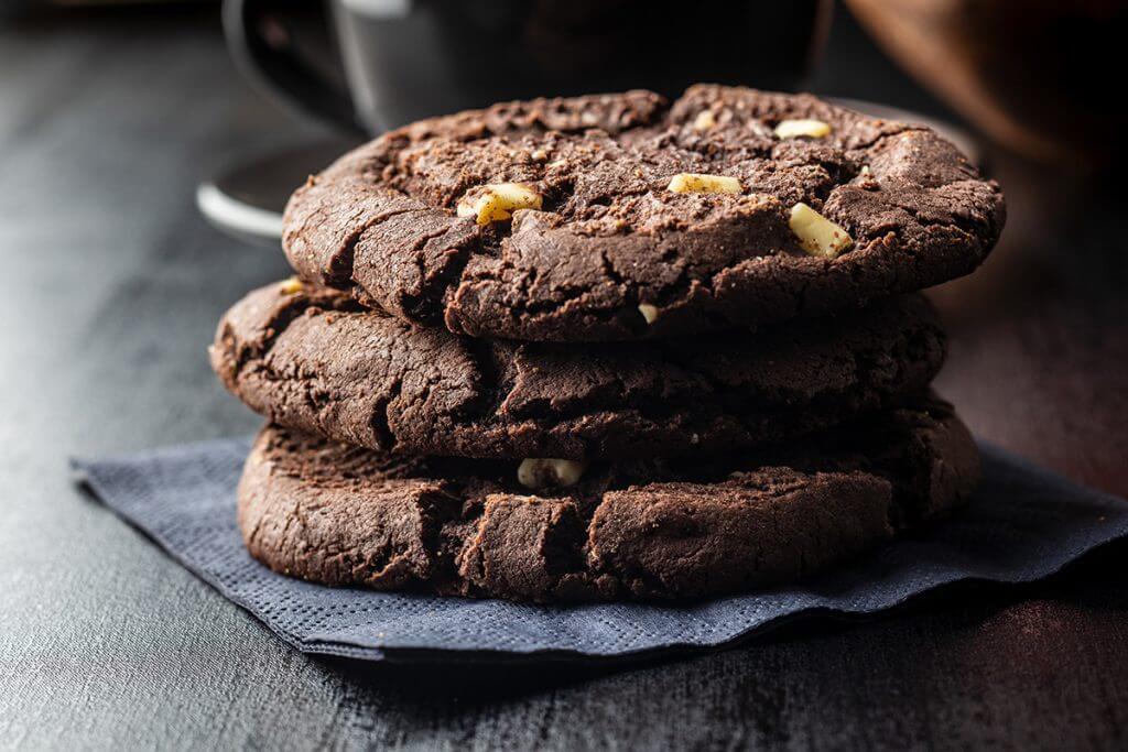 Stack of double chocolate chip cookies