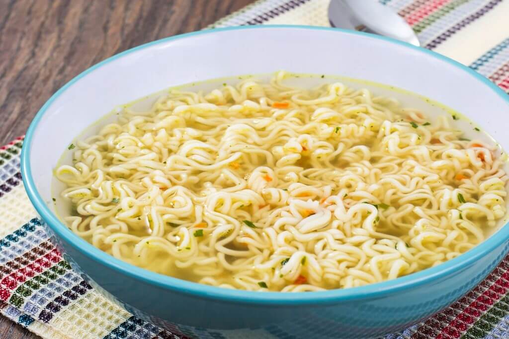 Ramen noodles in blue bowl