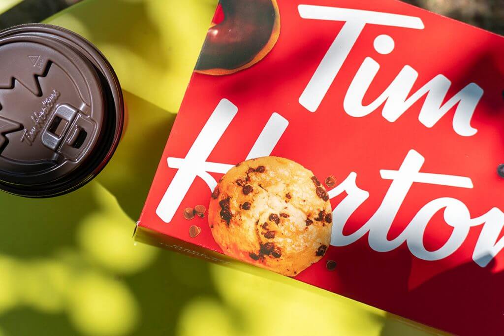 Tim Hortons donut box with coffee cup
