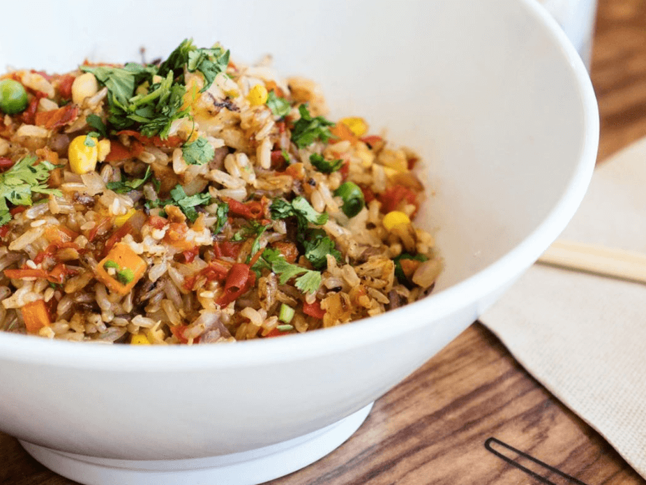 Fried rice in a large, white bowl