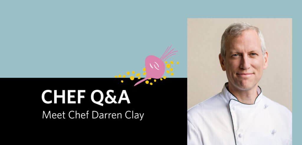 Image of Residence Dining Sous Chef Darren Clay beside the text "CHEF Q&A: Meet Chef Darren Clay" with an illustration of a beet.