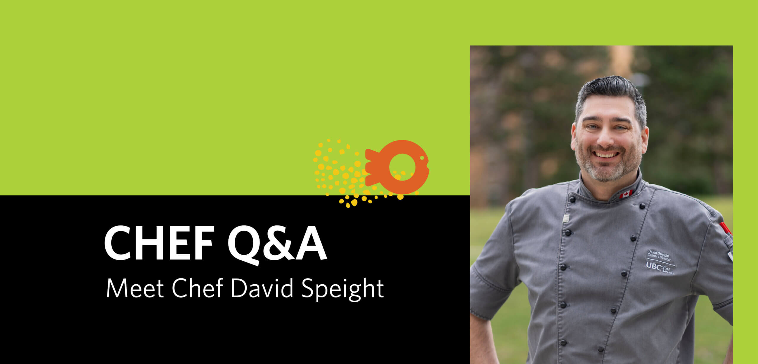 Image of Executive Chef David Speight beside the text "CHEF Q&A: Meet Chef David Speight" with an illustration of a fish